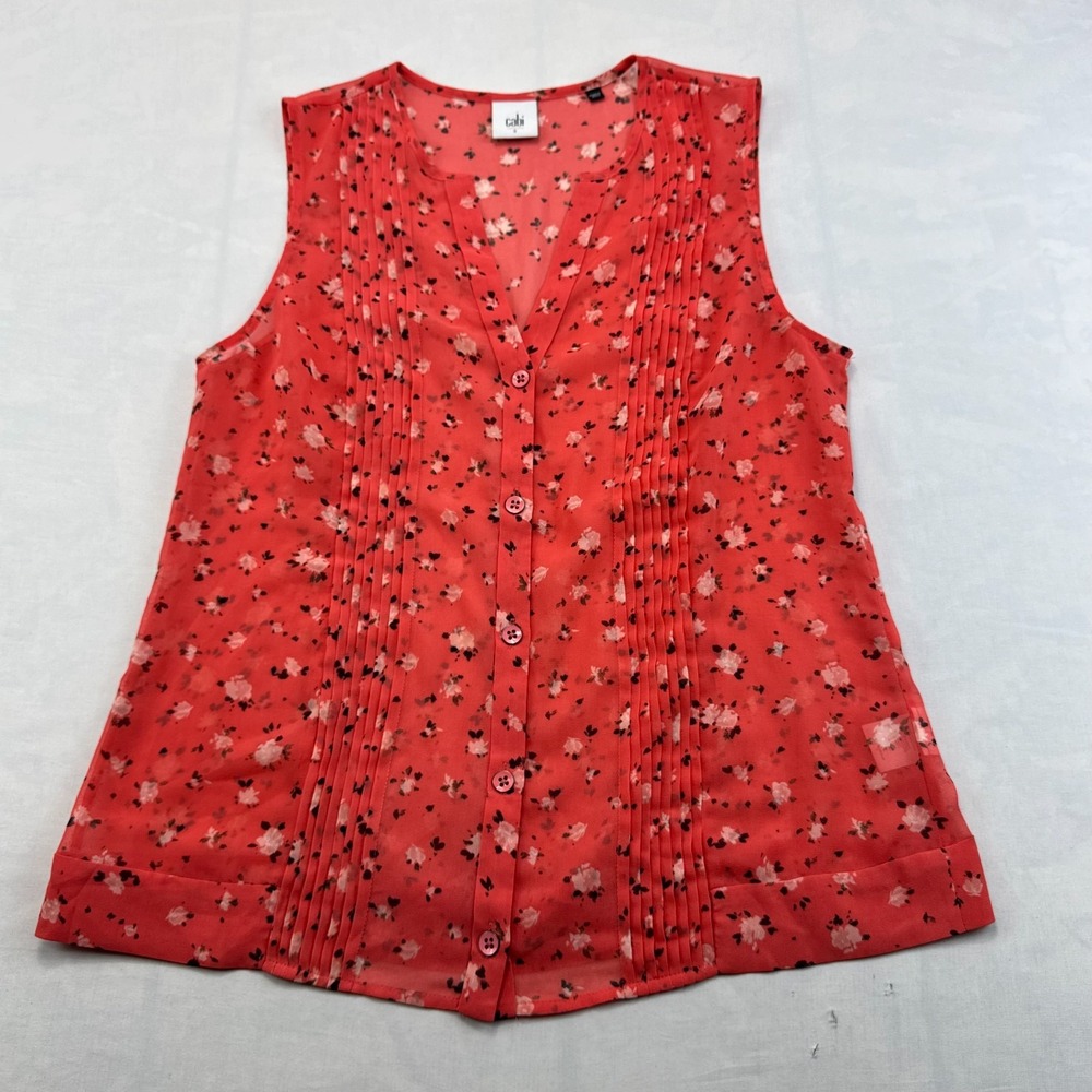 Cabi Tank Top Women S Red Floral Chiffon Pleated Lightweight V-Neck Button Front